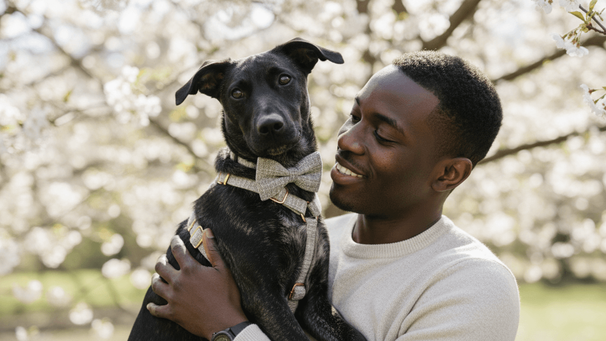 Man holding a black dog with a blurred cherry blossom background