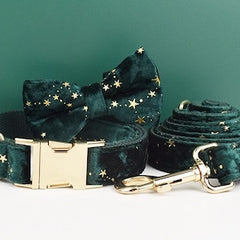 Stars Dog Harness, Custom Green with Golden Stars Personalized Velvet Dog Collar, Bowtie, Leash, for Christmas, Wedding, Different Combo