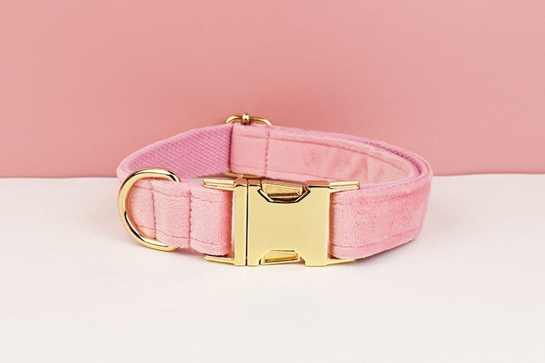 Custom Pink Velvet Personalised Dog Collar, Matching Dog Bowtie, Dog Flower, Dog Leash, Dog Harness & Dog Poop Bag