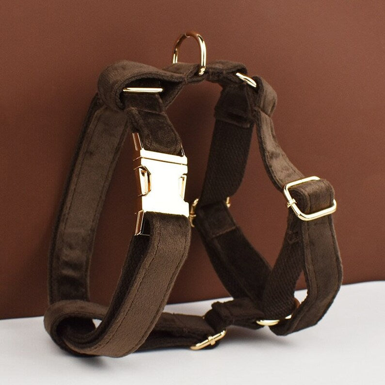 Custom Dark Brown Velvet Personalised Dog Collar, Matching Dog Bowtie, Dog Flower, Dog Leash, Dog Harness & Dog Poop Bag