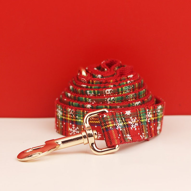 Personalised Christmas Dog Collar with Snowflakes, Green and Red Tartan, Leash, and Bowtie - Custom Festive Pet Accessories in Various Combo