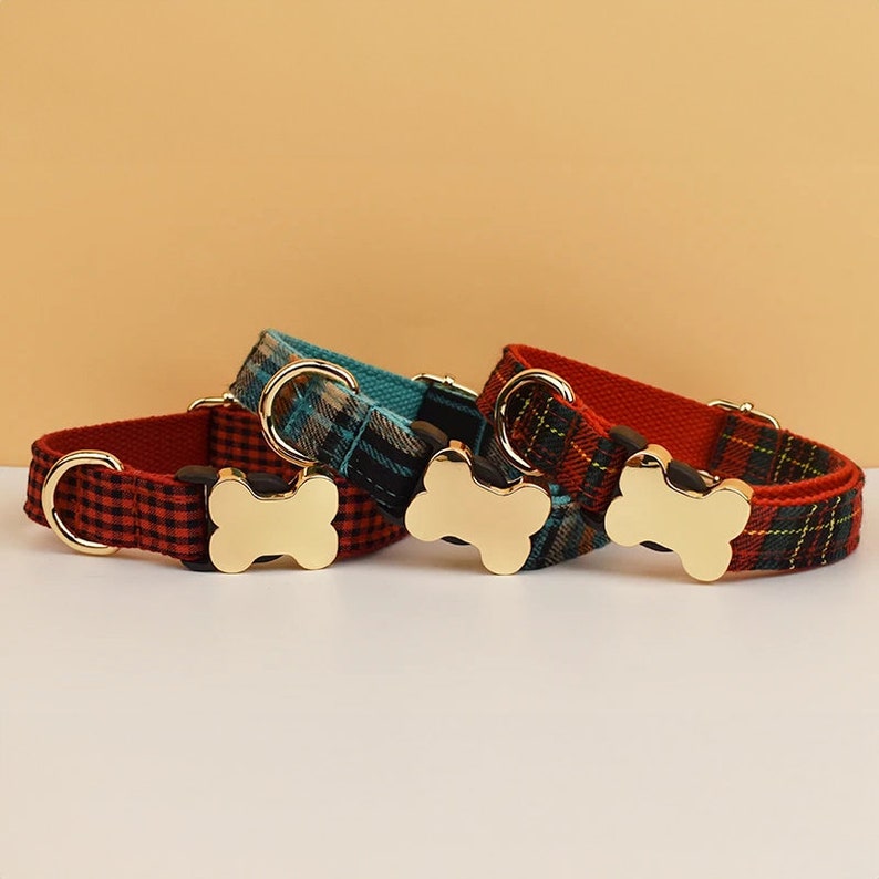 Tartan Dog Collar, Personalised Dog Bone Tag, Plaid Dog Collar and Leash, Collar for Male Dog, Engraved Name on Dog Collar, Boy Collar