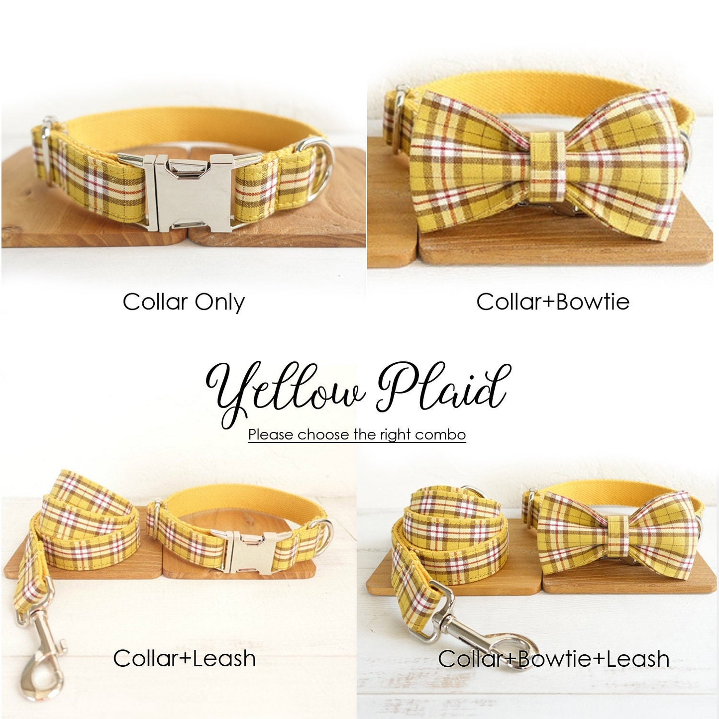 Personalised YELLOW/Orange PLAID Cat Dog Collar Leash Bowtie