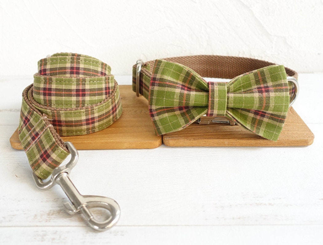 Personalised Dog Name Engraved Handmade BRITISH Plaid Green Dog Collar Boy Girl, Dog Leash