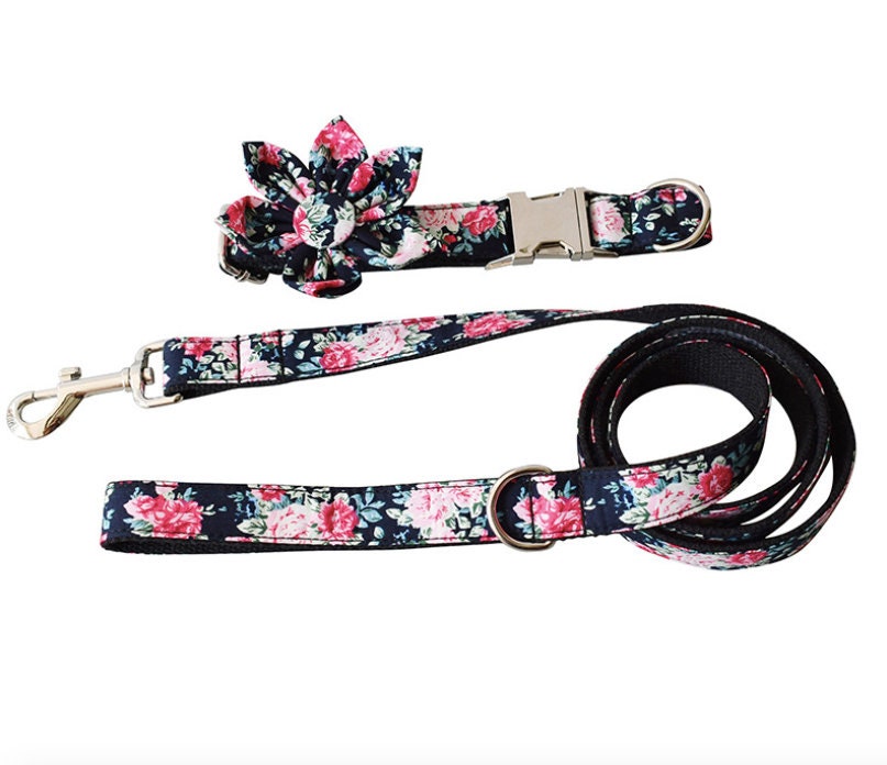 Personalised Black Peony Floral Dog Collar or Dog Collar and Lead