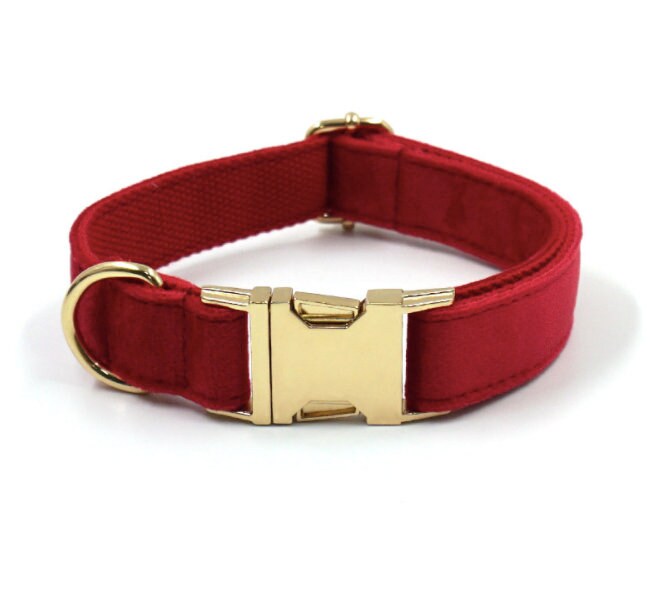 Personalised Dog Collar, Matching Bowtie, Leash, Harness and Poop Bag in Red and Gold, Great for New Year and Christmas