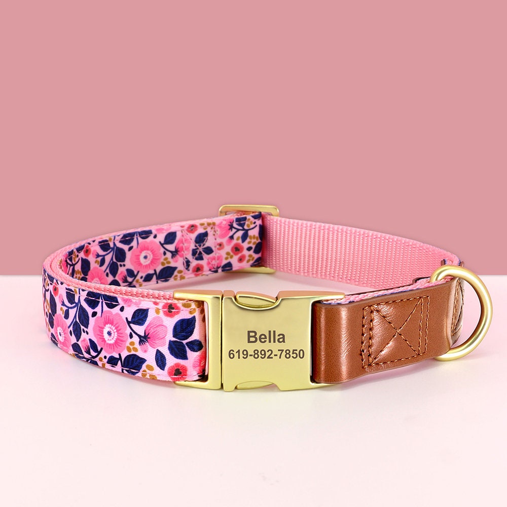 Personalised Leather Dog Collar in Brown and Pink, Green, Blue, Purple, Orange and Heart and Floral Pattern
