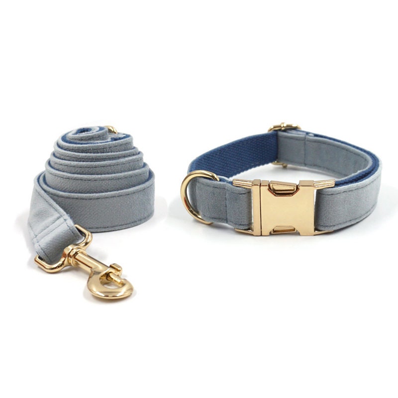 Custom Smog Blue Velvet Personalised Dog Collar, Matching Dog Bowtie, Dog Leash, Dog Harness and Dog Poop Bag