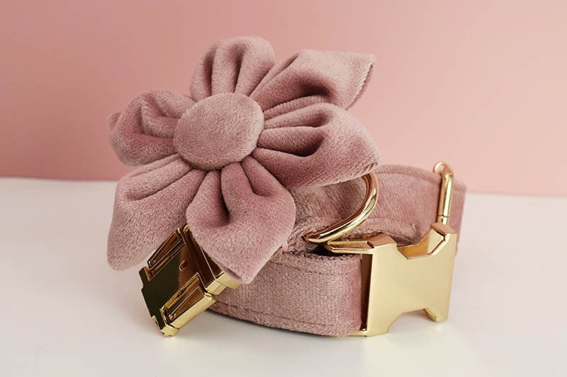 Dusty Pink Dog Harness Personalised with Name, Custom Velvet Wedding Dog Collar, Bow, Flower, Leash, Poop Bag Holder