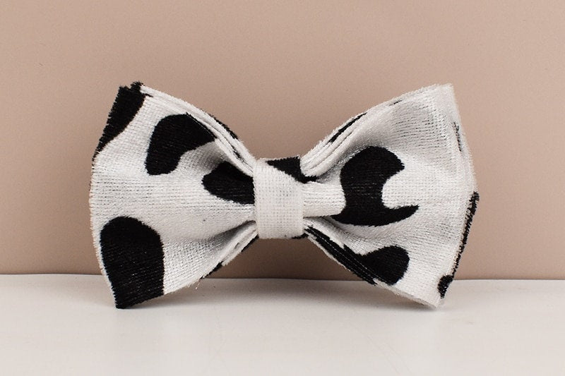 Custom White Black Cow Pattern Velvet Personalised Dog Collar, Matching Bowtie, Dog Leash, H-Style Harness & Dog Poop Bag