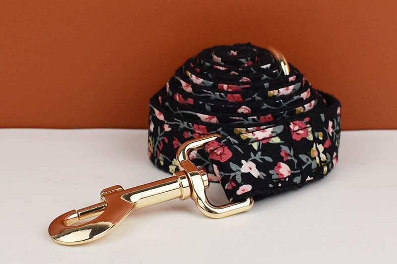 Floral Dog Collar Girl Female Dog in Black Flower Fabric Personalised with Name, Cute Dog Accessories Bow, Leash, H-Style Dog Harness