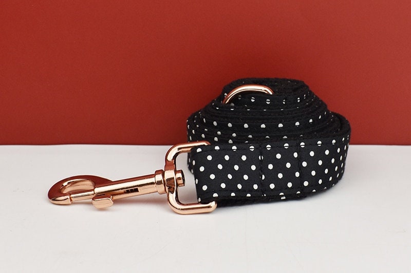 Black White Polka Dot Dog Harness, Custom Dog Collar with Name, Bowtie, Leash for Female Puppy, Small to Large Dogs, Pet Gift.