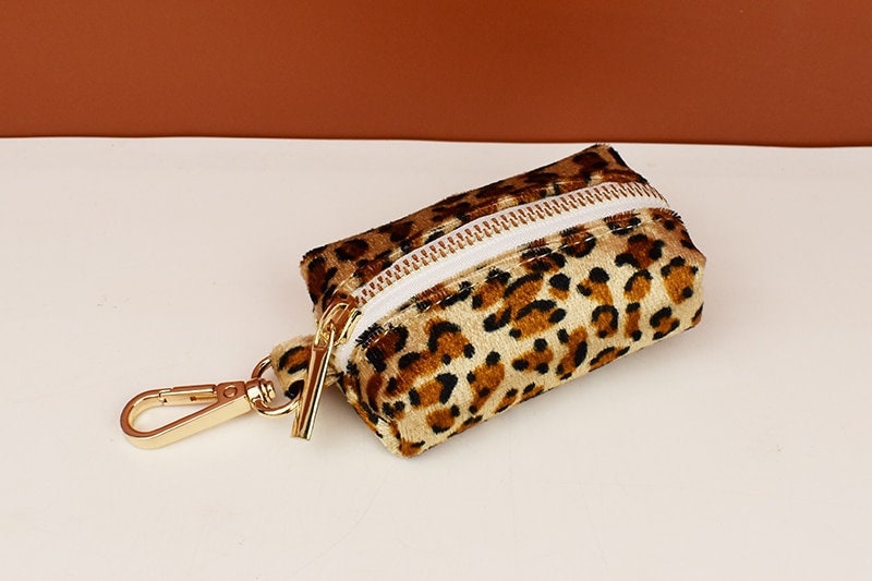 Leopard Print Dog Accessories, Custom Brown Velvet Dog Collar with Personalised Name, H Harness, Bowtie, Leash, Poop Bag Holder