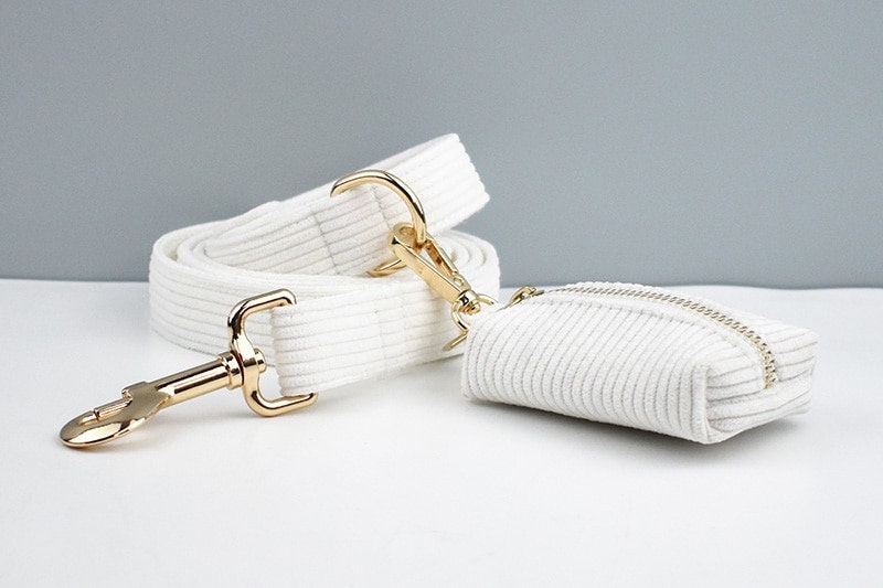 Custom White Corduroy Personalised Dog Collar, Matching Dog Bowtie, Dog Leash, H-Style Dog Harness & Dog Poop Bag