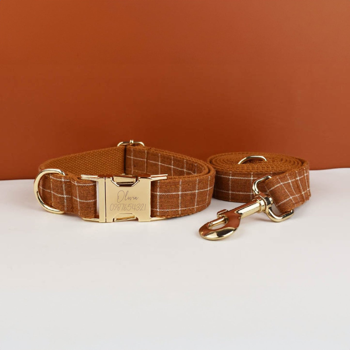 Plaid Dog Collar, Personalised Tag, Plaid Tartan Dog Collar and Leash or Bow, Collar for Male Dog, Engraved Name on Dog Collar, Boy Collar
