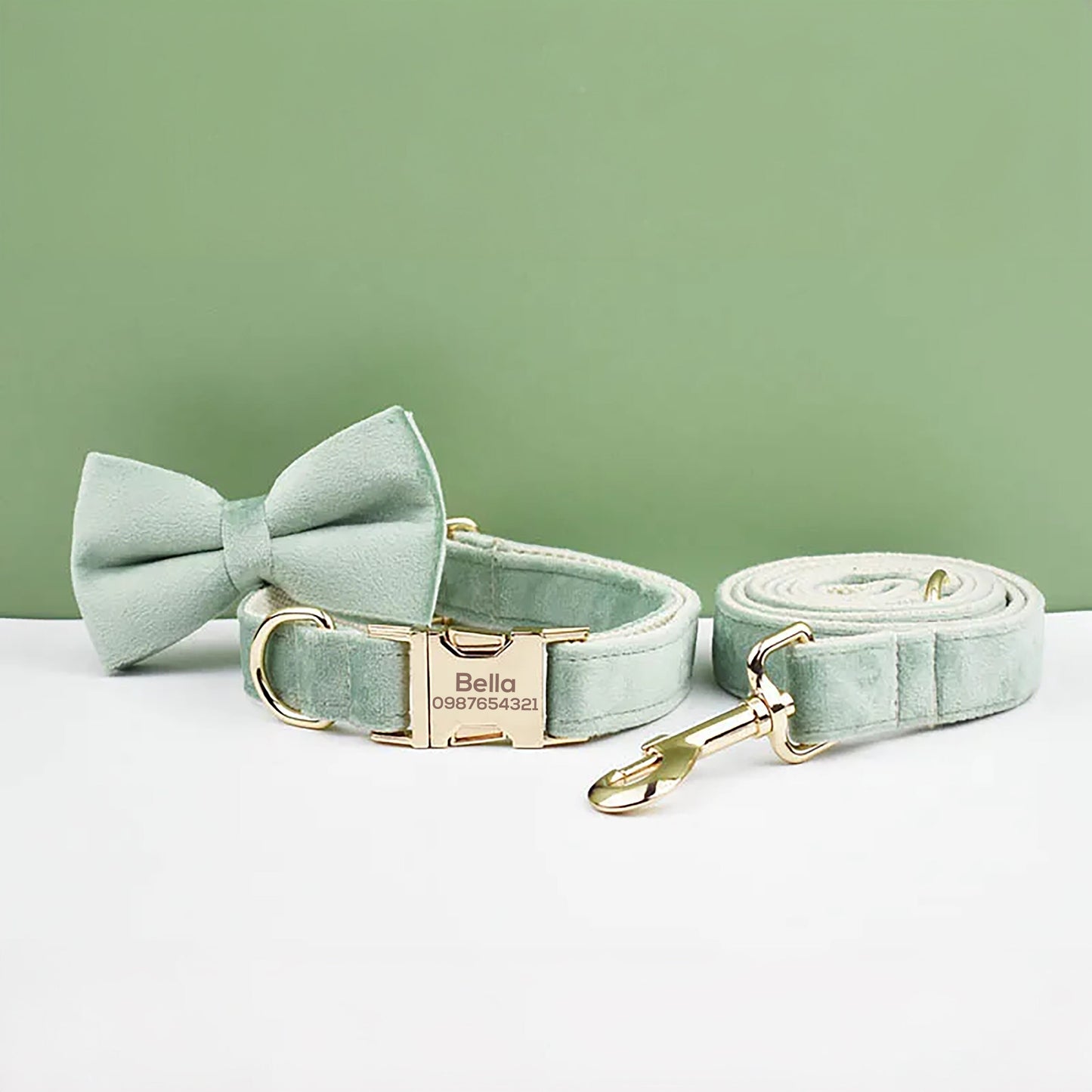 Green Dog Collar, Personalised Tag, Custom Dog Collar and Leash or Bow, Collar for Male Dog, Engraved Name on Dog Collar, Boy Collar