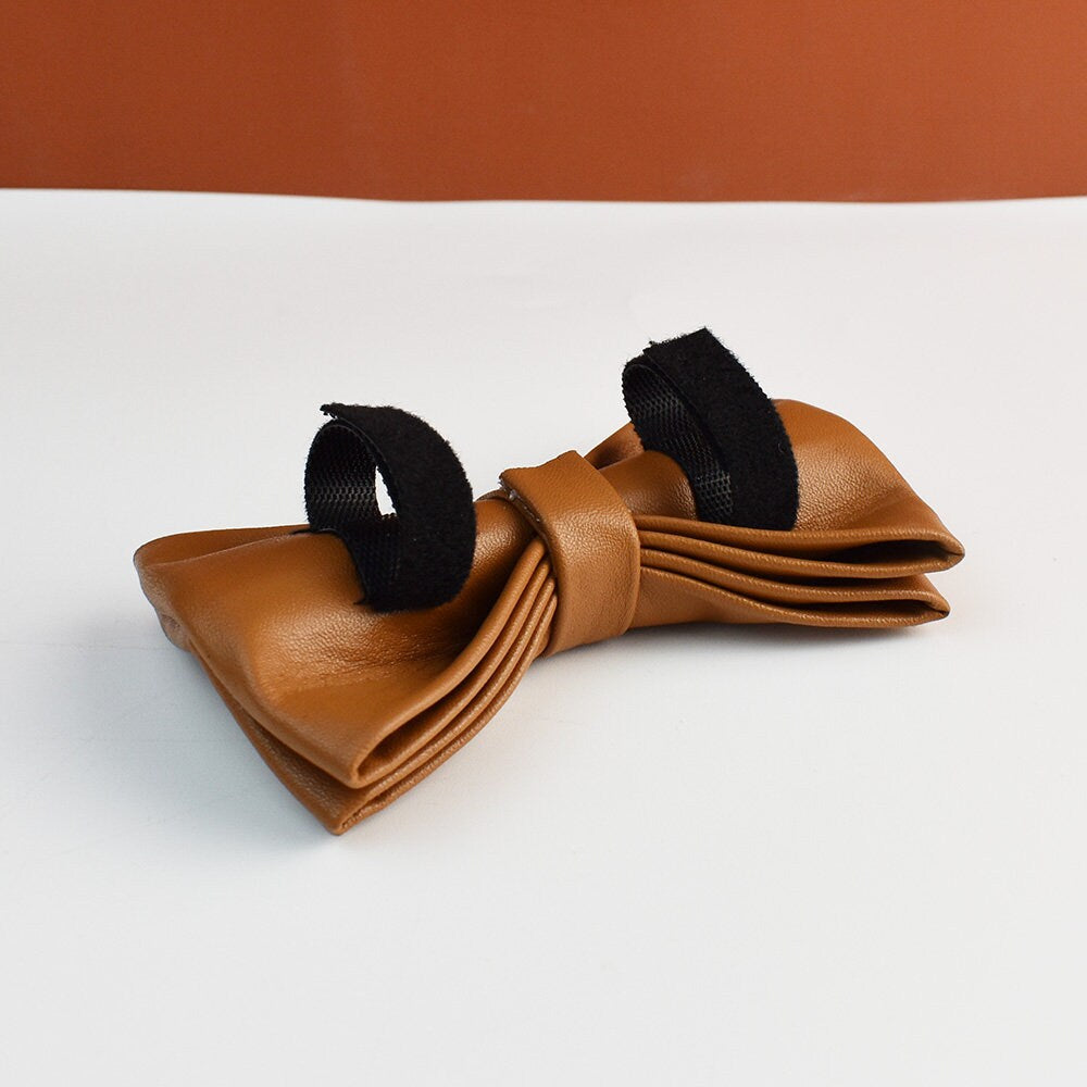 Brown PU Leather Dog Collar Leash Bowtie, Personalised Puppy Collar, Vegan Leather Dog Harness Poop Bag for Wedding Gift