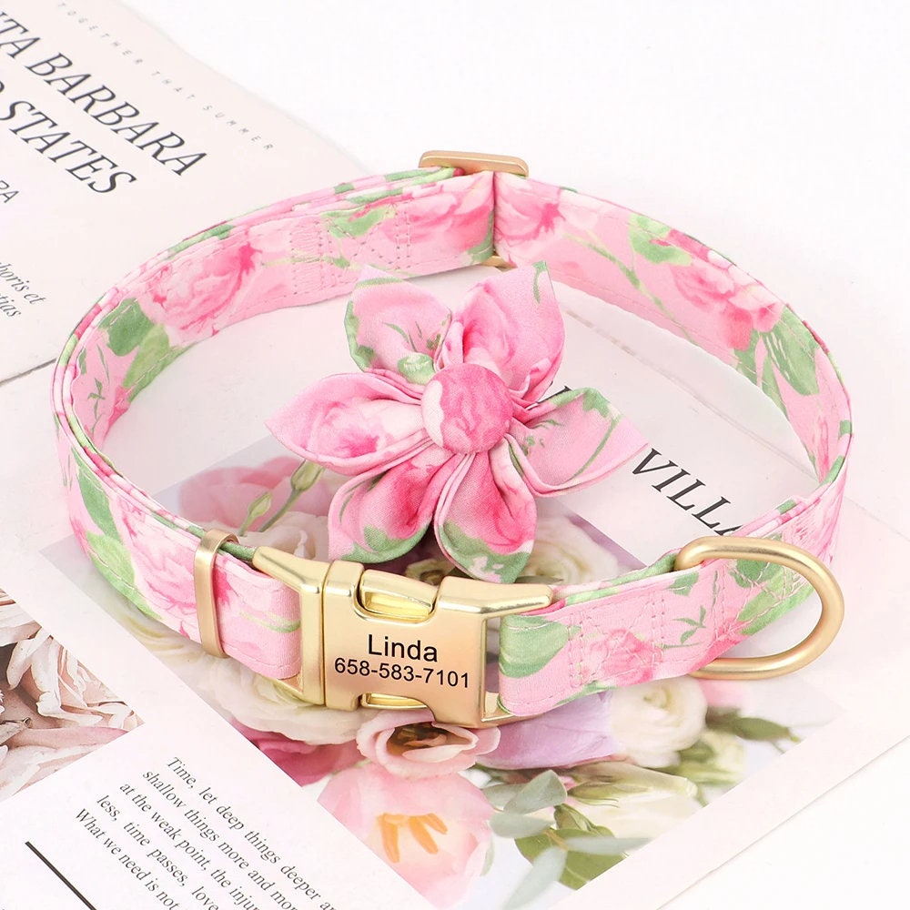 Personalised Dog Collar Set with Matching Flower in Purple, Pink, Orange, Blue and Floral Pattern