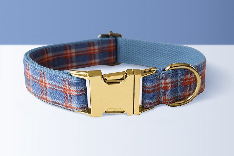Tartan Dog Collar, Personalised Tag, Plaid Tartan Dog Collar and Leash or Bow, Collar for Male Dog, Pink, Ligh Purple, Blue Gingham