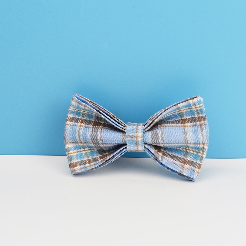 Custom Blue Plaid Dog Walking Set Personalised Dog Collar, Matching Dog Bowtie, Dog Leash, Roman Dog Harness