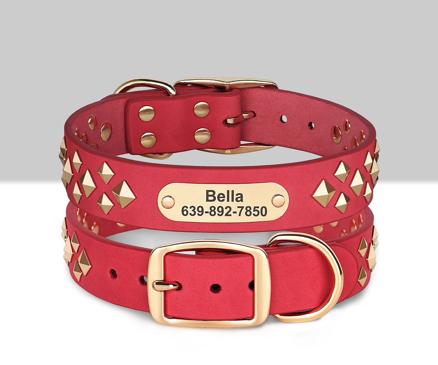 Personalised Laser Engraved Genuine Leather Spiked Deco Dog Collar for Small to Large dogs