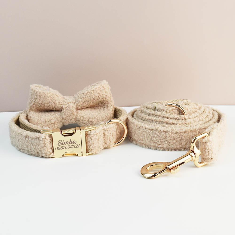 Teddy Bear Dog Collar, Personalised Tag, FluffyTartan Dog Collar and Leash or Bow, Collar for Male Dog, Engraved Name on Dog Collar