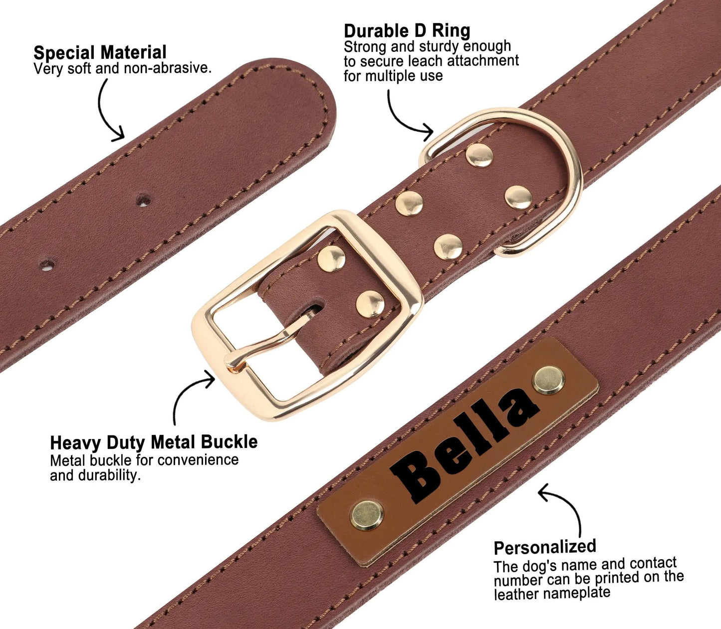 Personalised Laser Engraved Genuine Leather Dog Collar, Soft LeatherPet Necklace for Medium Large Dogs