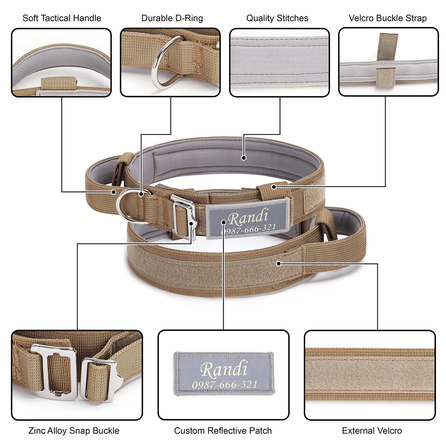 Tactical Dog Collar 1.5 inch Wide, Reflective Lightweight Custom Name Military Durable Personalised Dog Collar with Handle