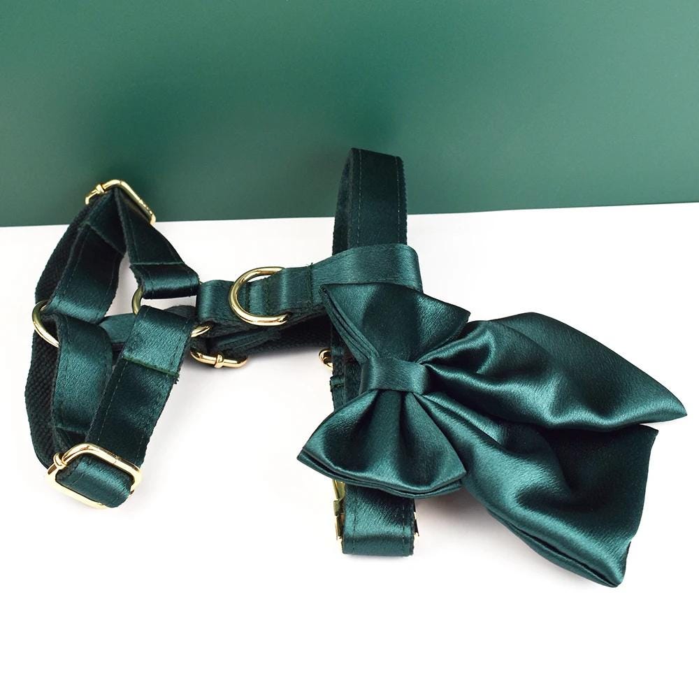 Wedding Dog Collar in Green Satin, Custom Silky Roman Dog Harness with Name, Leash, Sailor Bow for Birthday