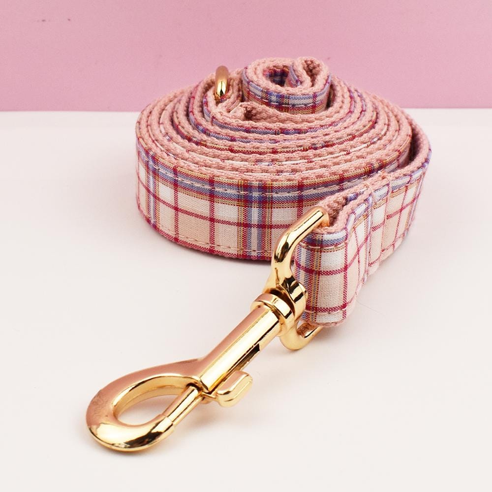 Custom Light Pink Plaid Personalised Dog Collar, Matching Dog Bowtie, Dog Leash, Roman Dog Harness