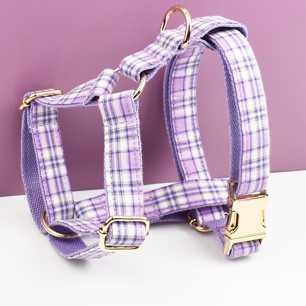 Custom Purple Plaid Personalised Dog Collar, Matching Dog Bowtie, Dog Leash, Roman Dog Harness