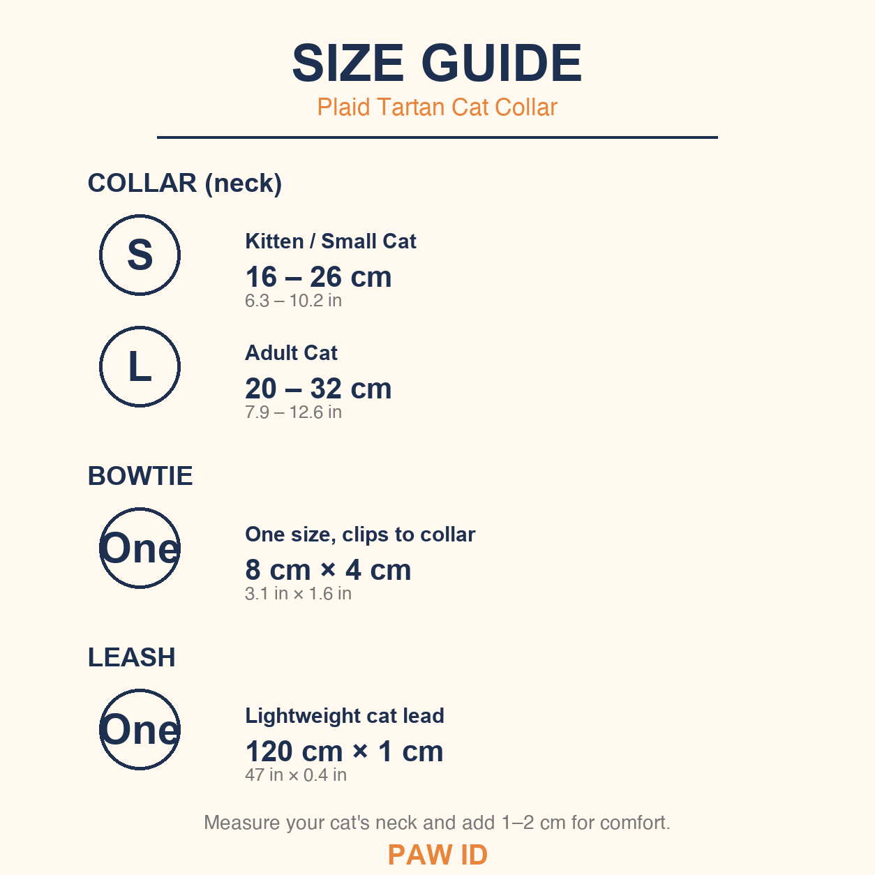 Plaid Tartan Cat Collar size guide - collar, bowtie, leash
