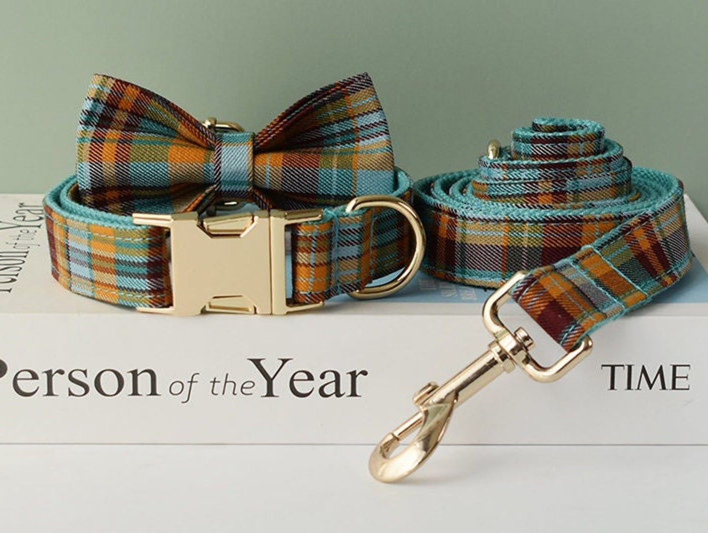 Personalised Blue Tartan Dog Collar with Name Dog Leash Set