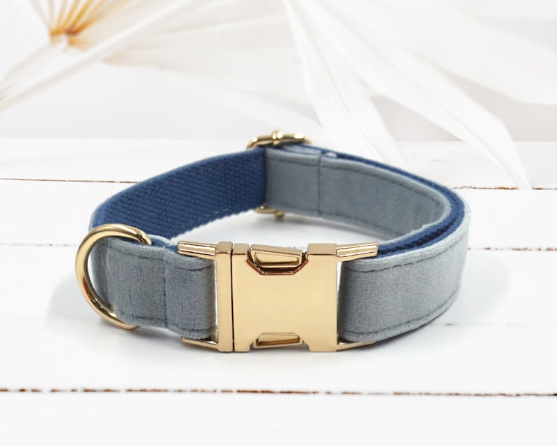 Personalised White, Blue, Grey Blue and Dark Blue Velvet Boy Dog Collar with Engraved Name, Bowtie, Leash, Poop Bag Holder and Airtag Holder