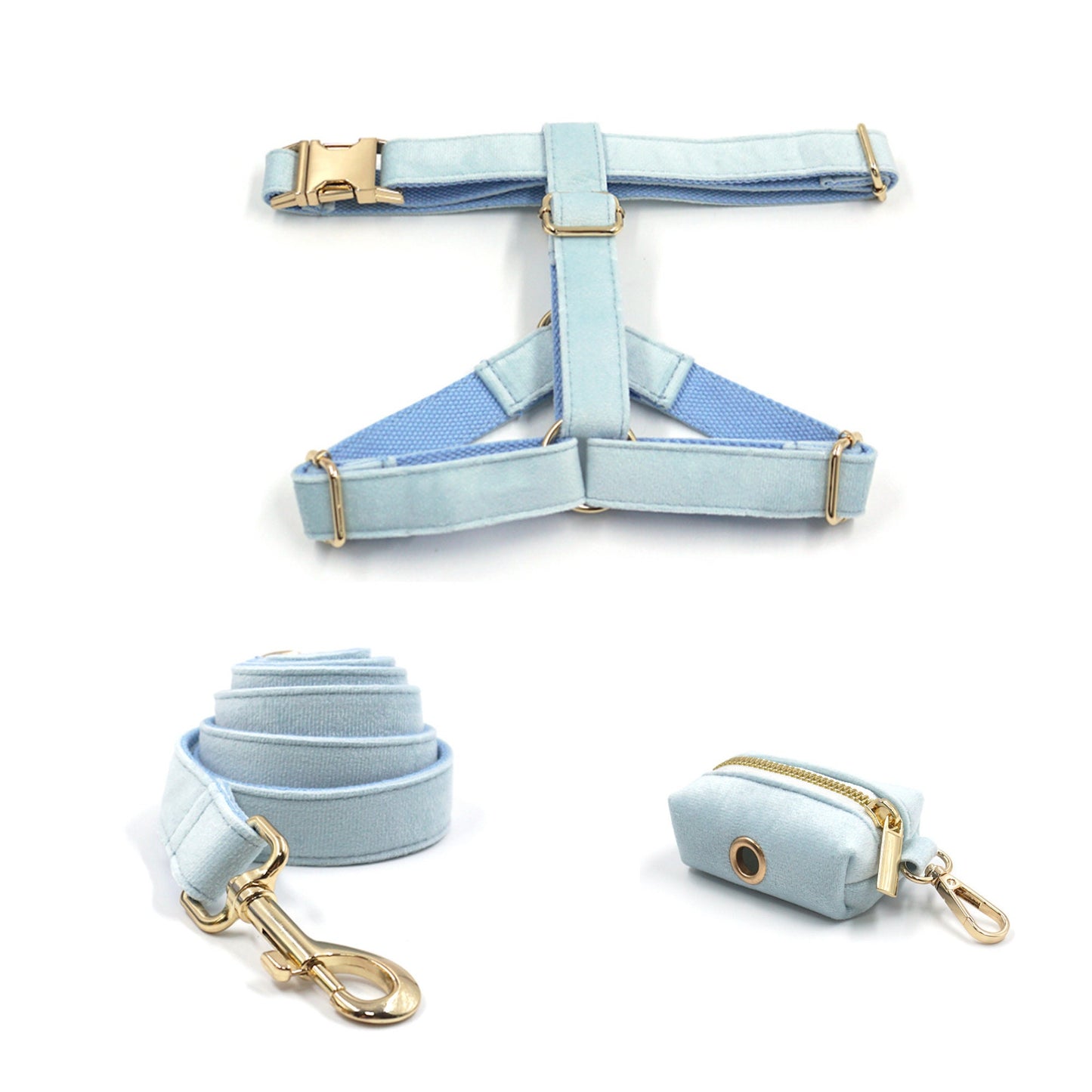 Custom Baby Blue Velvet Personalised Dog Collar, Matching Dog Bowtie, Dog Leash, Dog Harness and Dog Poop Bag