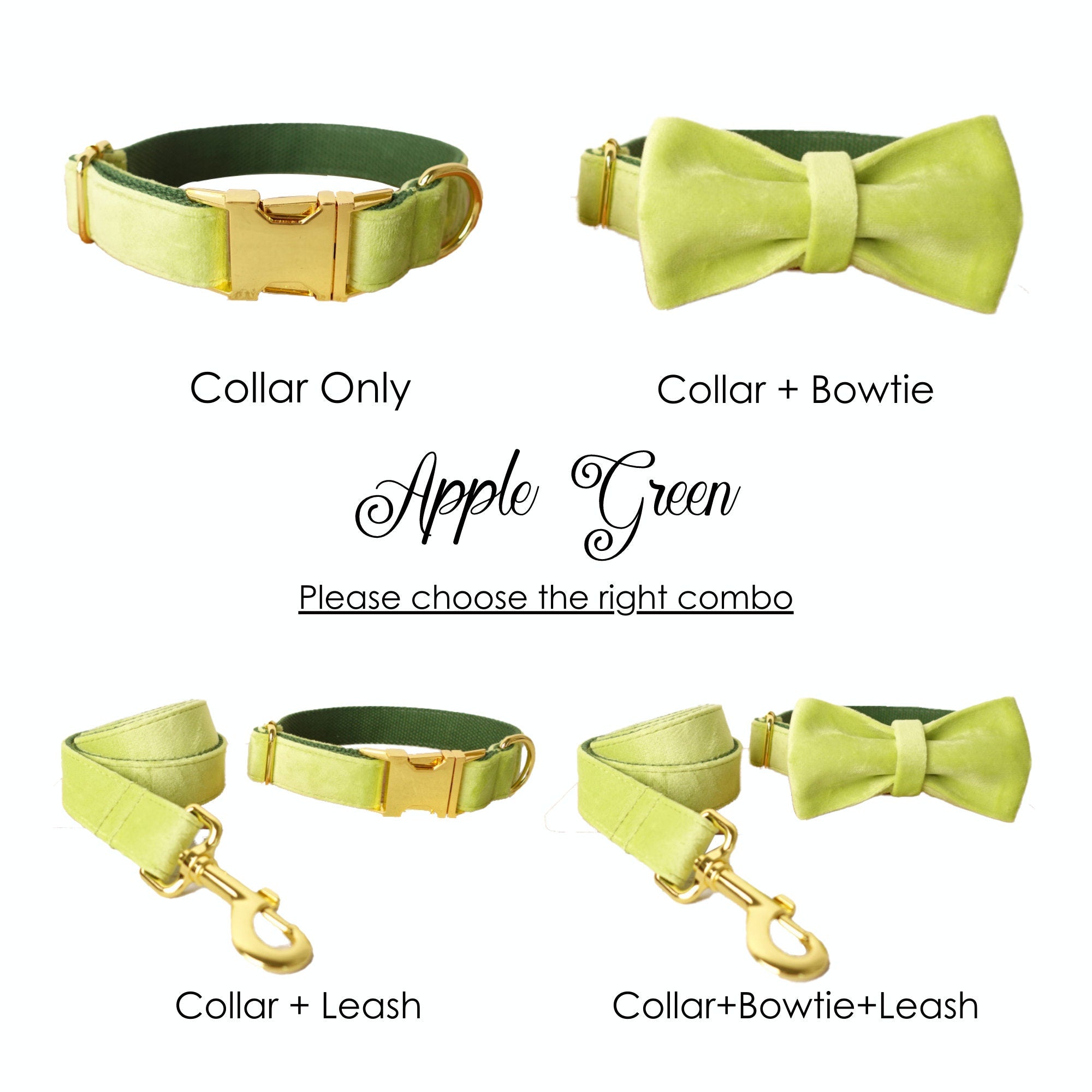 Personalized Engraved Handmade THICK Velvet dog collar, Leash Set, Bowtie Colors available Apple Green, Rose gold & Sky Blue