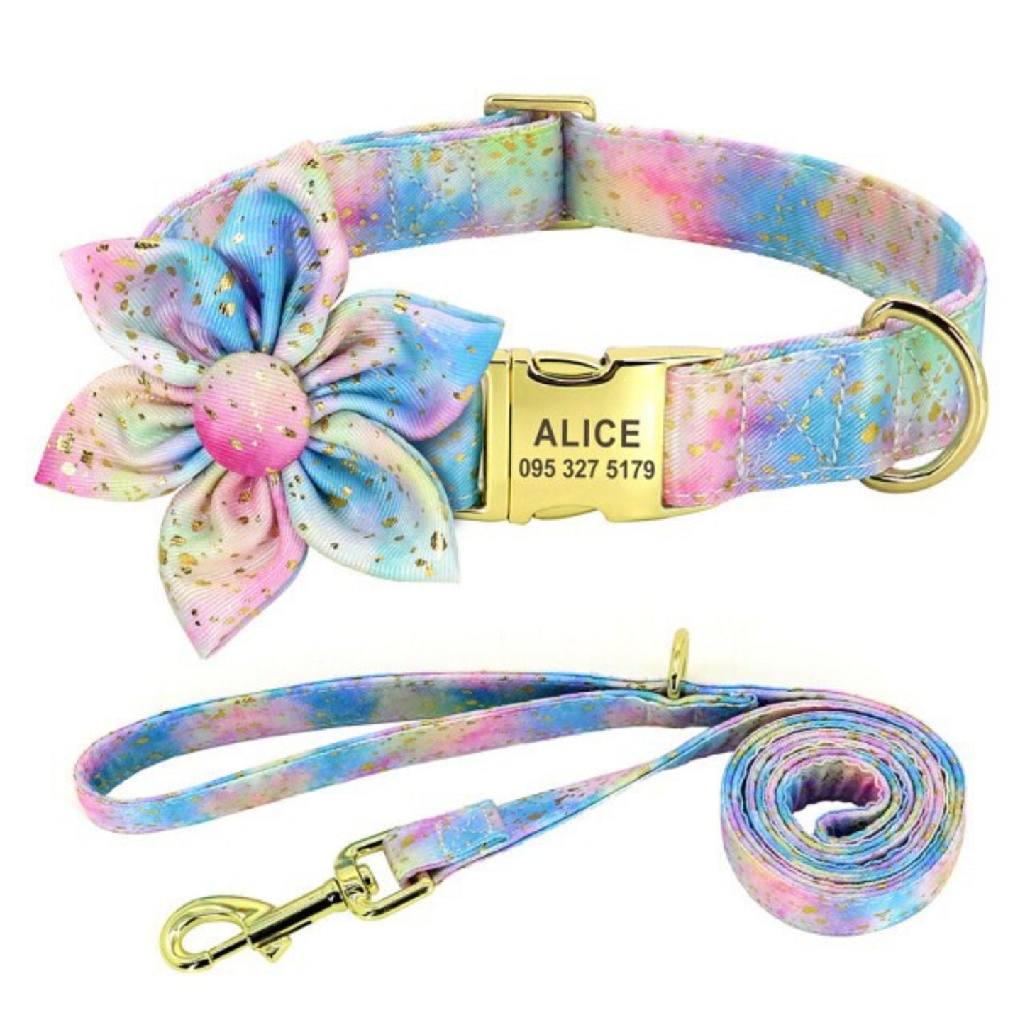 Custom Engraved Golden Sprinkle Tie Dye Flower Dog Collar and Leash with a Long Lasting Buckle, Girl Dog Collar