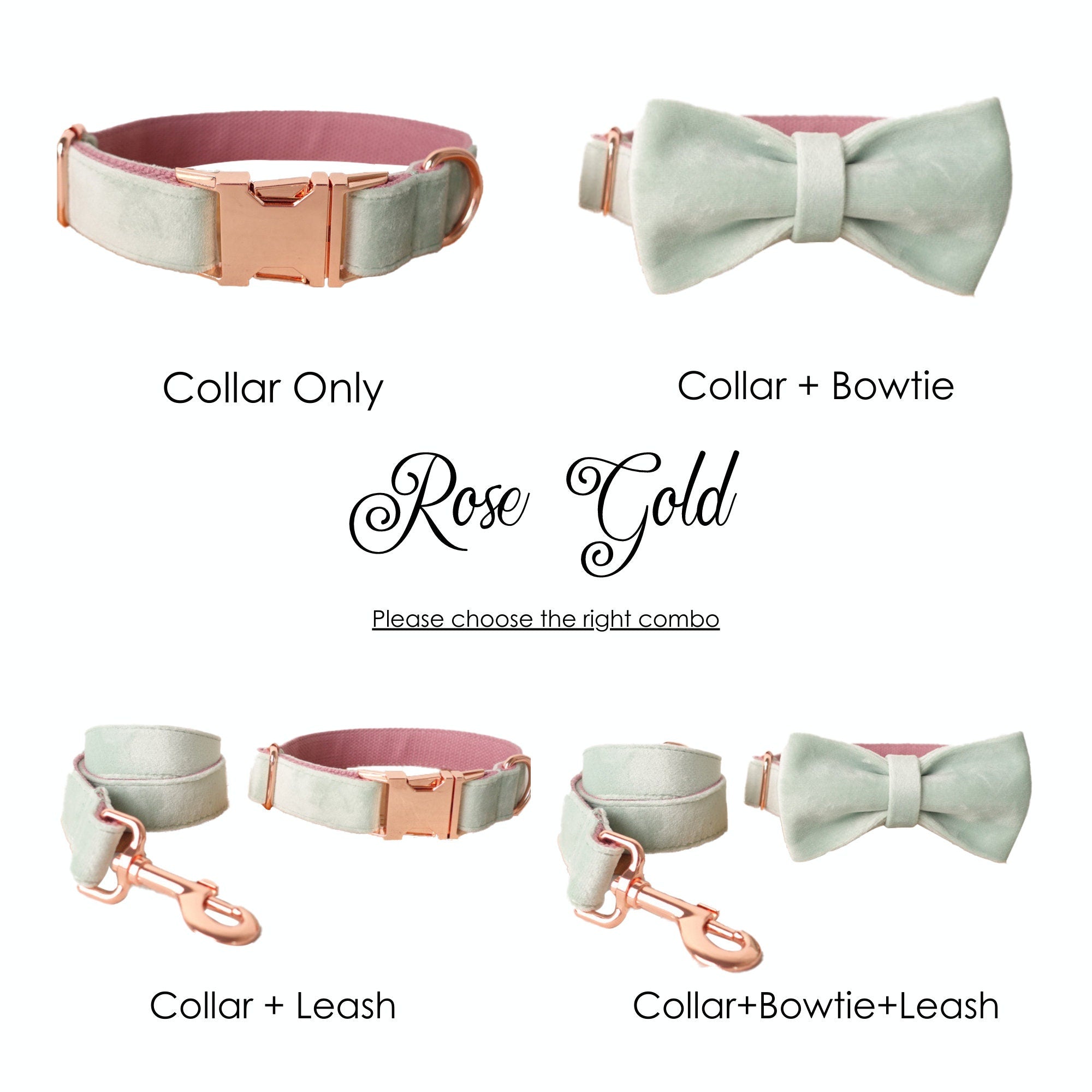Personalized Engraved Handmade THICK Velvet dog collar, Leash Set, Bowtie Colors available Apple Green, Rose gold & Sky Blue