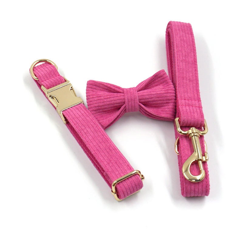 Personalised Pink and Grey Corduroy Dog Collar or Dog Collar and Lead, Harness Set, Dog Bowtie