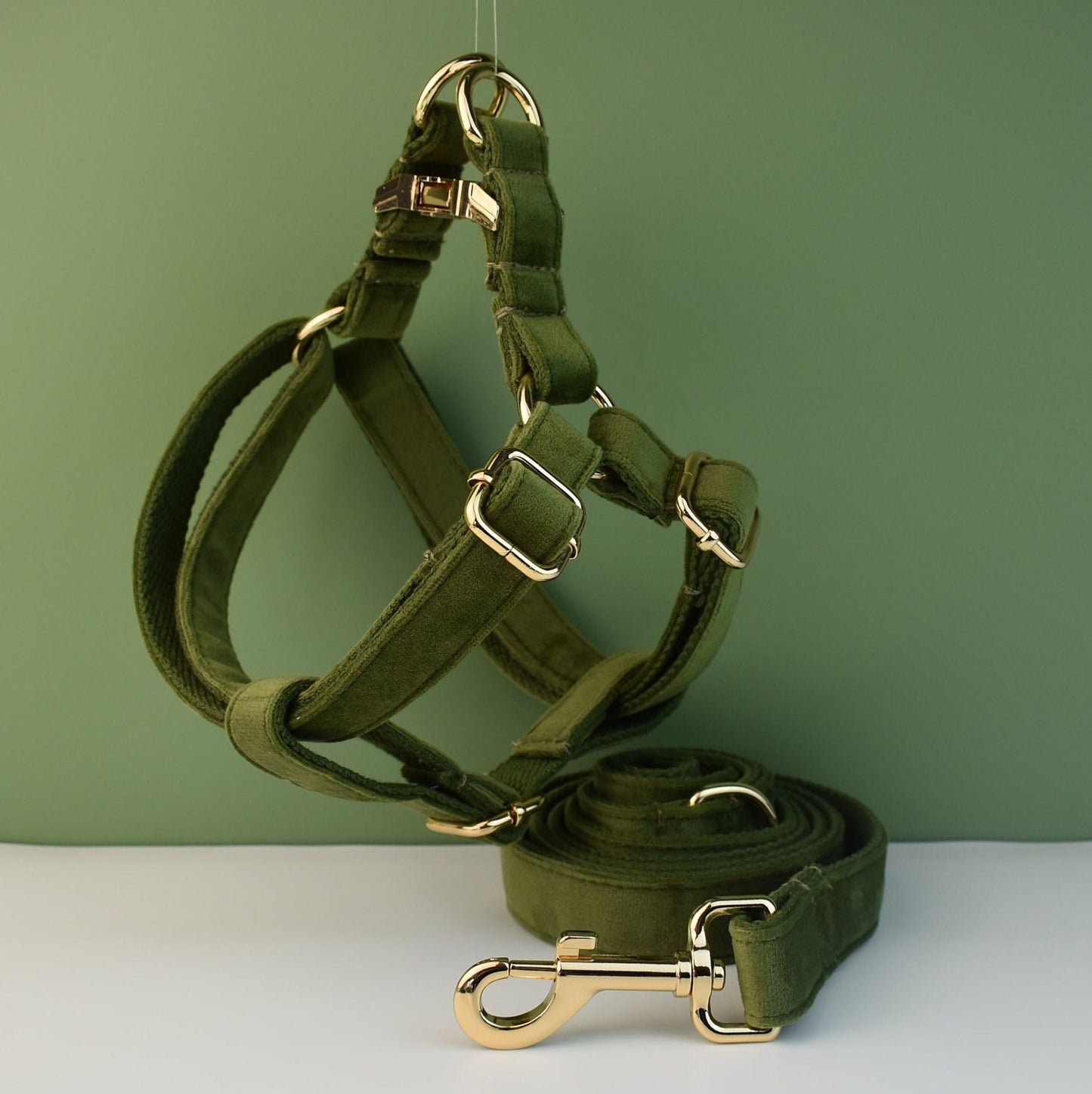 Personalised Velvet Dog Collar or Dog Lead Set, Matching Bowtie and Harness in Army Green and Solid Pattern