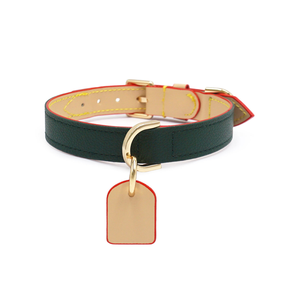 Vintage green leather collar with name tag