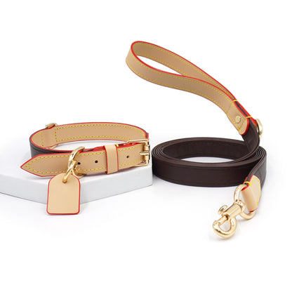 Dark brown leather collar, leash and name tag set
