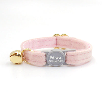 Personalised velvet cat collar with engraved ID tag and gold bell