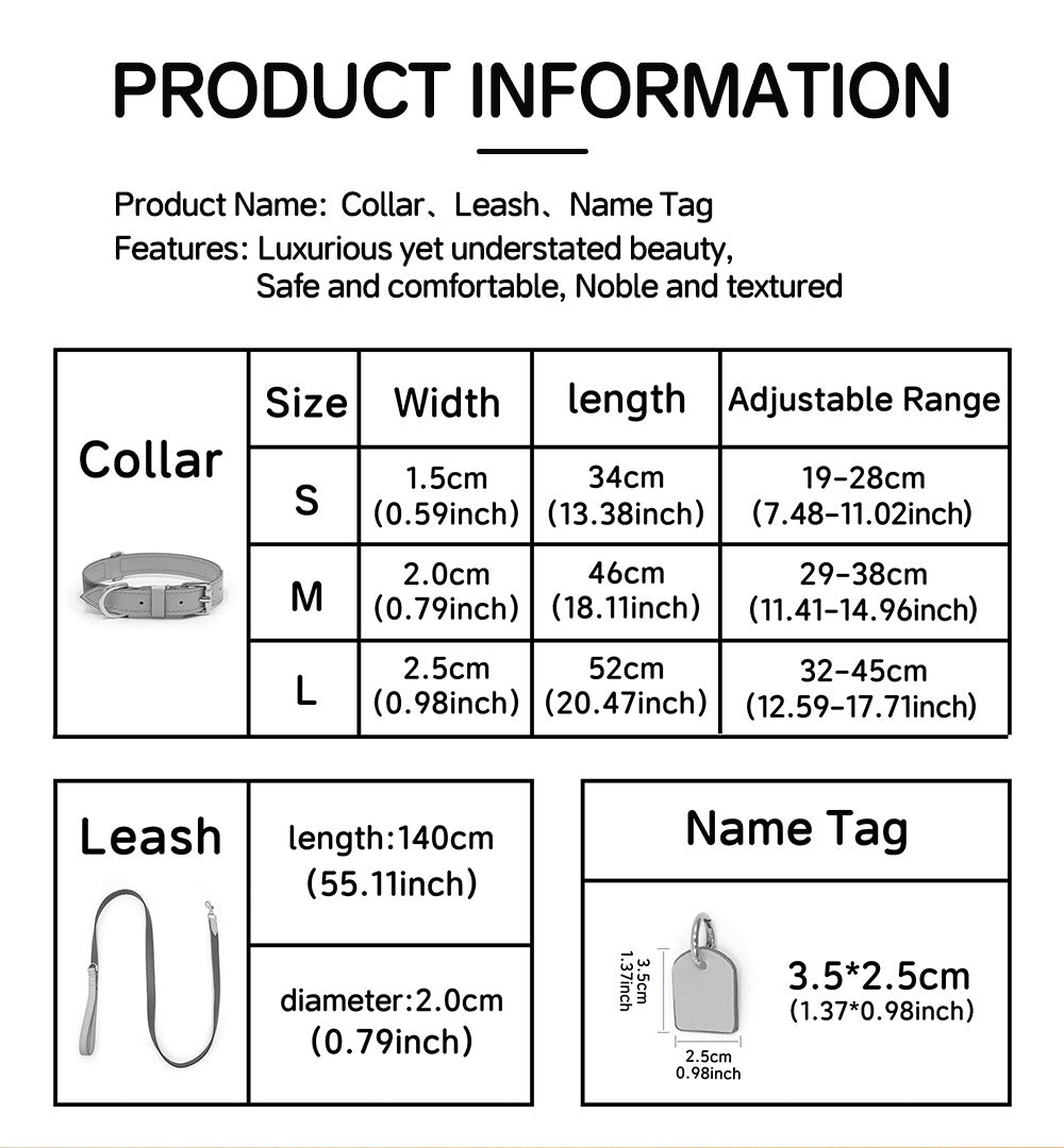 Size guide for collar, leash and name tag