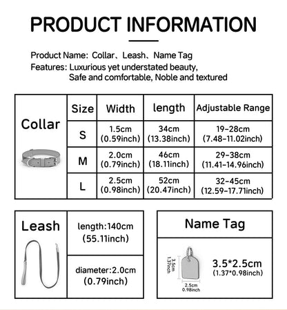 Size guide for collar, leash and name tag