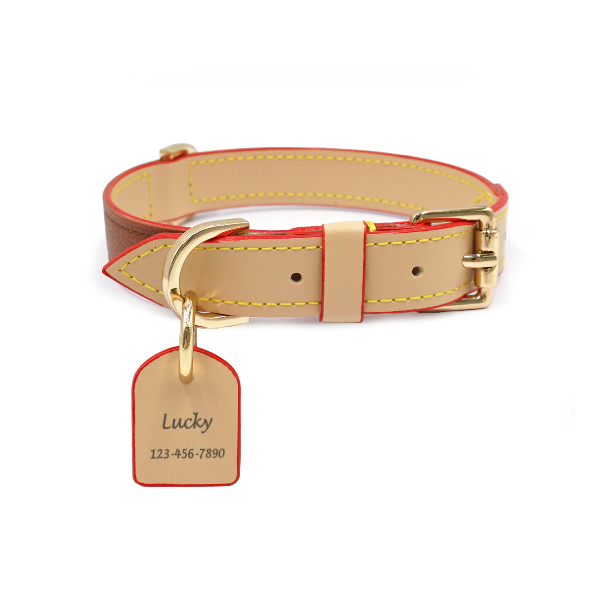Leather dog collar with engraved name tag