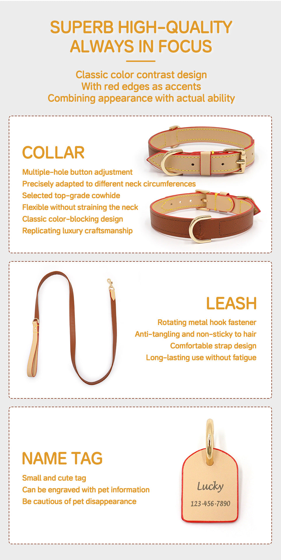 Collar, leash and name tag features