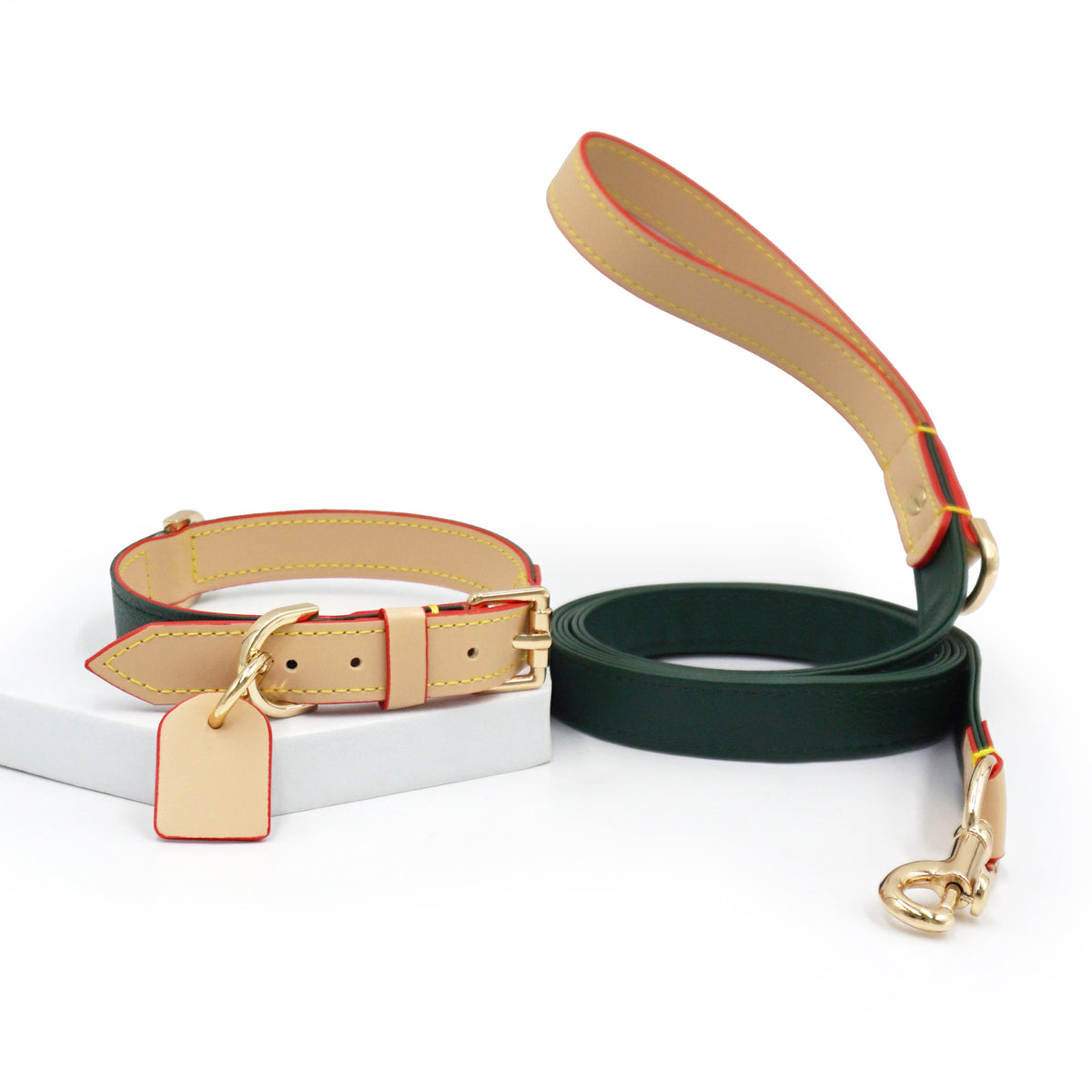 Vintage green leather collar, leash and name tag set