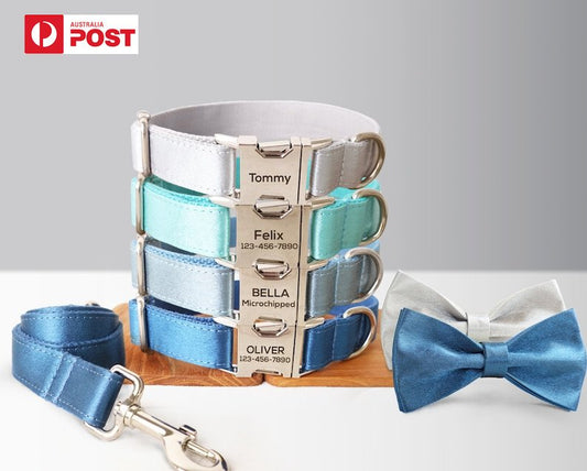 Luxurious Silky Wedding Dog Collar - Personalised with Name - Silver, Aqua, Haze Blue or Blue, Detachable Sailor Bowtie