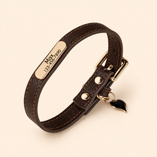 Personalised PU Leather Dog Collar, Custom Engraved Pet ID Name Collar with Charm, Soft Cat & Puppy Collar for Small & Medium Dogs & Cats